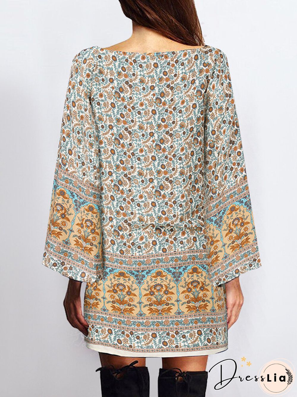 Floral Print Bohemian Long Sleeve Crew Neck Dress For Women