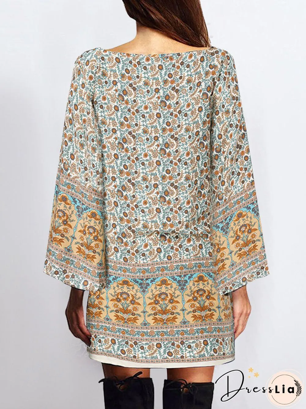 Floral Print Bohemian Long Sleeve Crew Neck Dress For Women