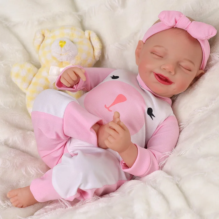 Babeside Olivia 15'' Realistic Reborn Baby Doll Sleeping Smiling Girl Pink Bear
