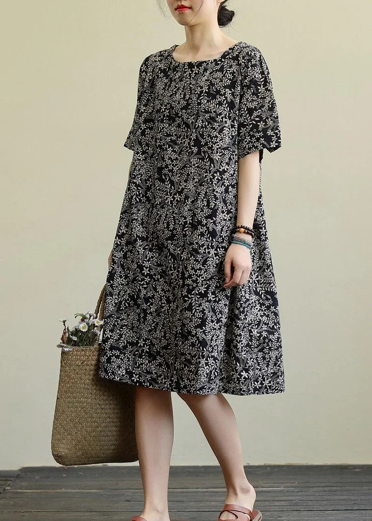 DIY o neck pockets linen summer dress pattern black print Dresses