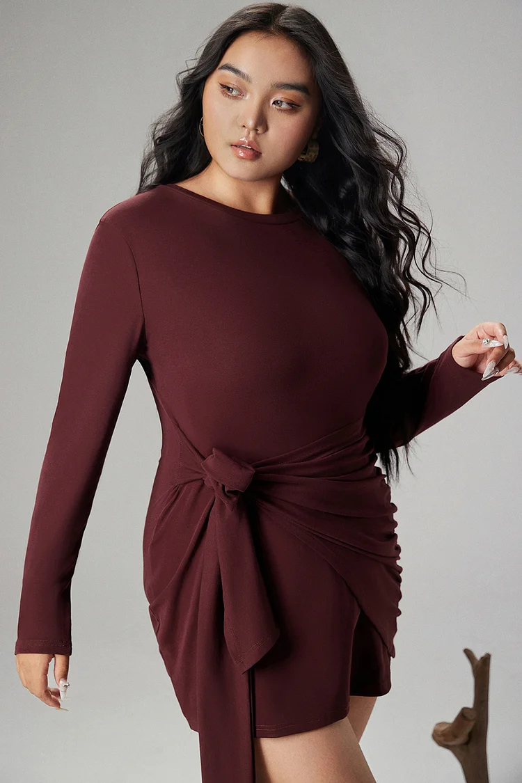 Xpluswear Design Plus Size Casual Dress Burgundy Knitted Wrap Front Long Sleeve Bodycon Mini Dress [Pre-Order]