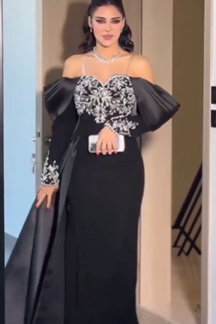 Hellodresses Glamorous Black Off the Shoulder Long Sleeves Long Prom Dress With Beadings