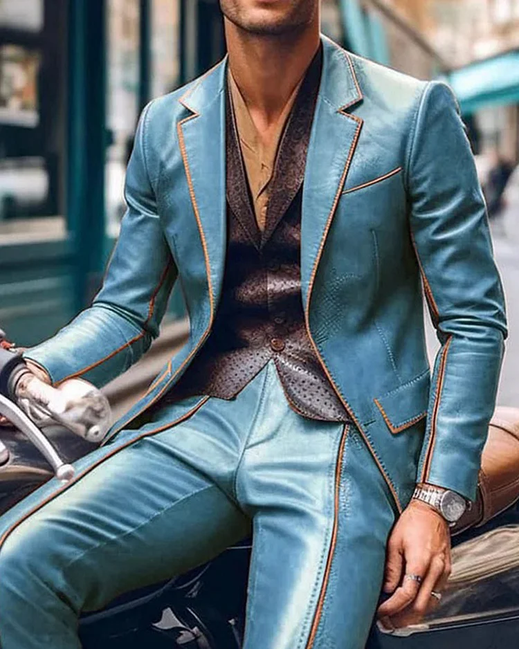 Men's Contrast Trim Notch Lapel PU Blazer & Pants 2Pcs Set