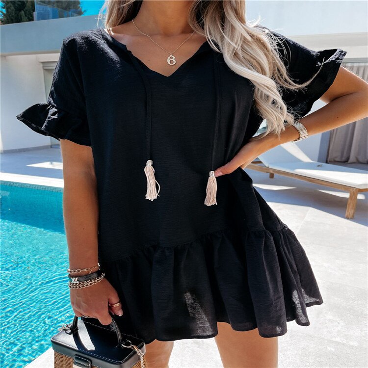 Fashion V Neck Loose Casual Beach Woman Dress 2021 Summer Short Sleeve White Black Mini Dresses For Women Sundress Robe Femme