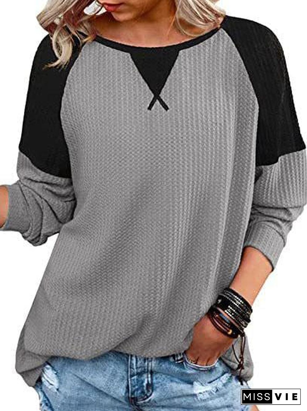 Women's Long Sleeve Scoop Neck Stitching Tops