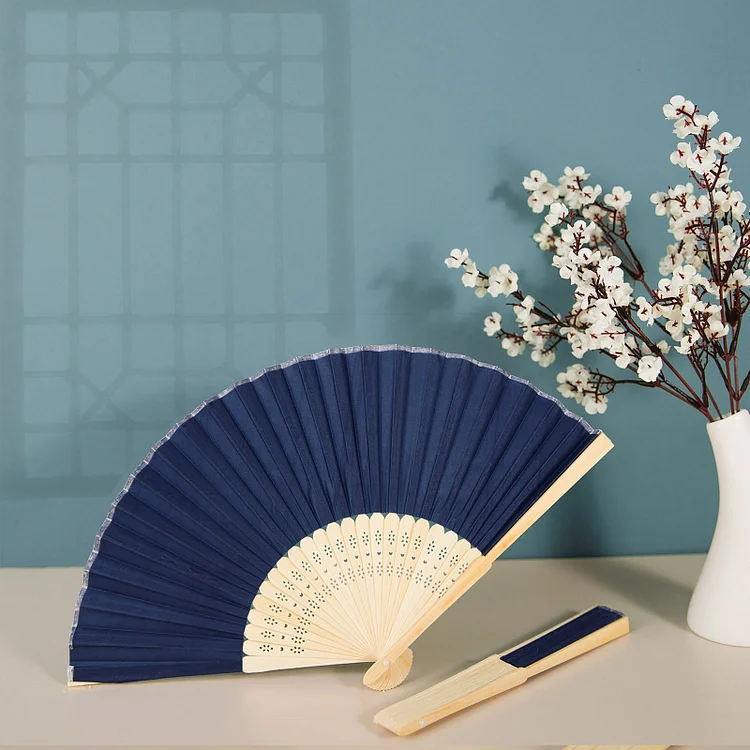 5 Pack Navy Blue Asian Silk Folding Fans Party Favors