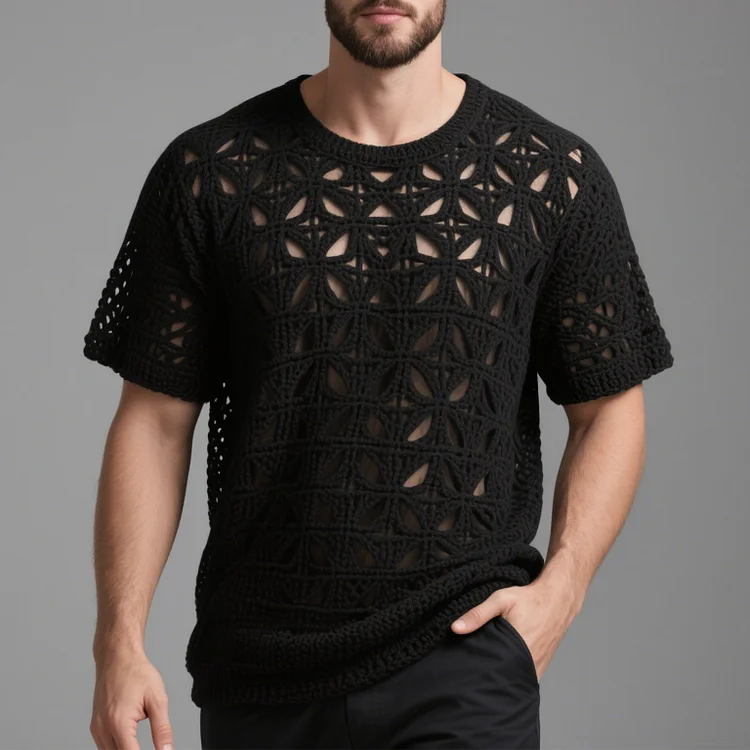 Okaywear Hollow Crochet Crew Neck Short Sleeve T-Shirt 