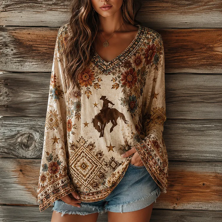 Women's Western Cowboy Horseback Rider & Geometric Print V-neck Long-sleeve Top