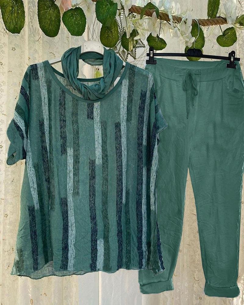 Ladies Strip Printed Blouse And Trousers Two-Piece Set