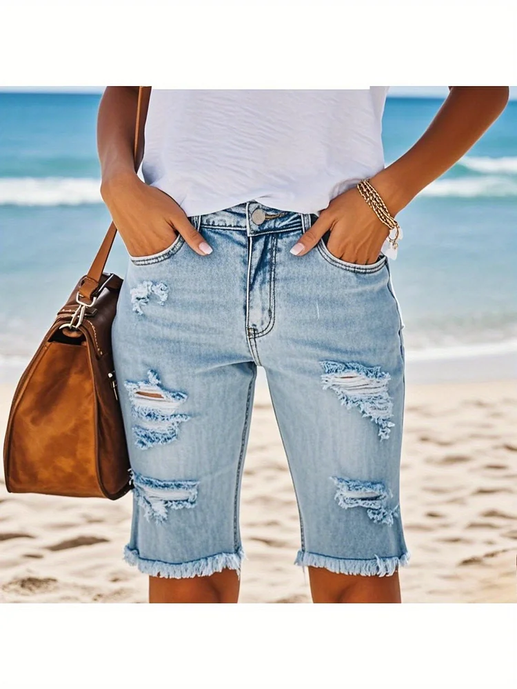 2025 Women's Distressed Washed Denim Shorts High Waisted Stretchy Summer Shorts, Vintage Retro Casual Chic Hot Pant