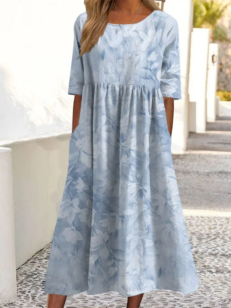 Light Blue Flower Art Short Sleeve Midi Dress