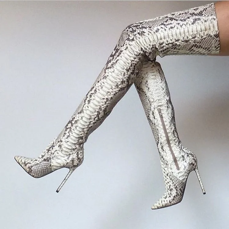 FSJ Grey Pointed Toe Snakeskin Stiletto Heel Thigh High Boots |FSJ Shoes