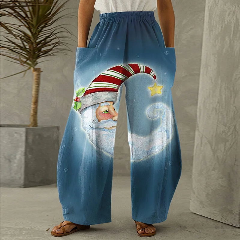 Crescent Shape Santa Printed Women Casual Loose Wide-leg Pants