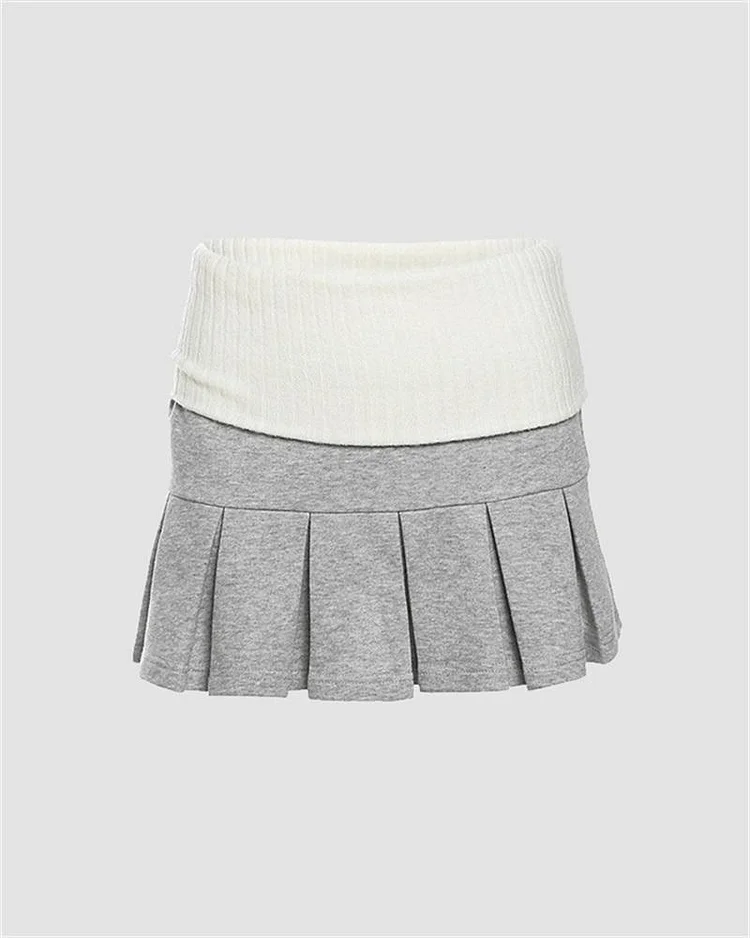 Knitted Patchwork Pleated Mini Skirt