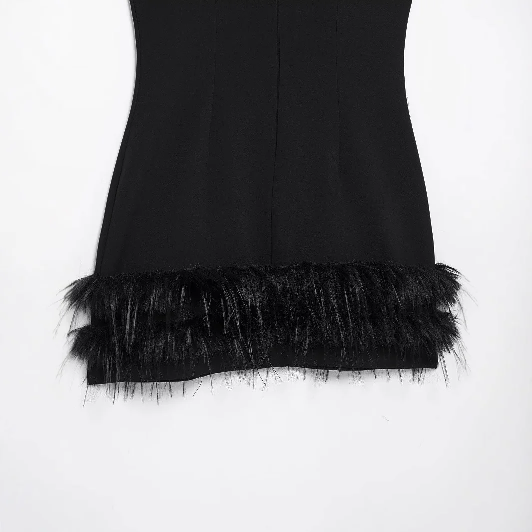 Nigikala Nigikala Women's Clothing Explosion Simple Fashion Small Black Dress Hem Feathers Elastic Short Dress