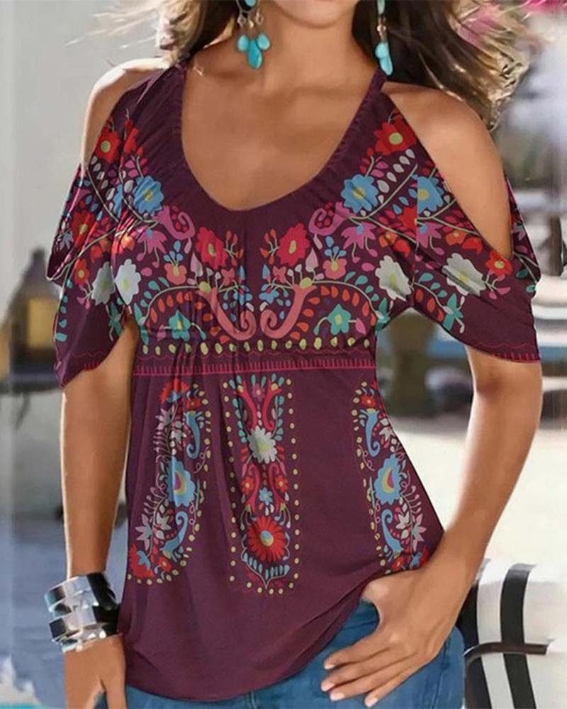 Women's Floral Print Ethnic Style Short Sleeve  T-Shirt-030917