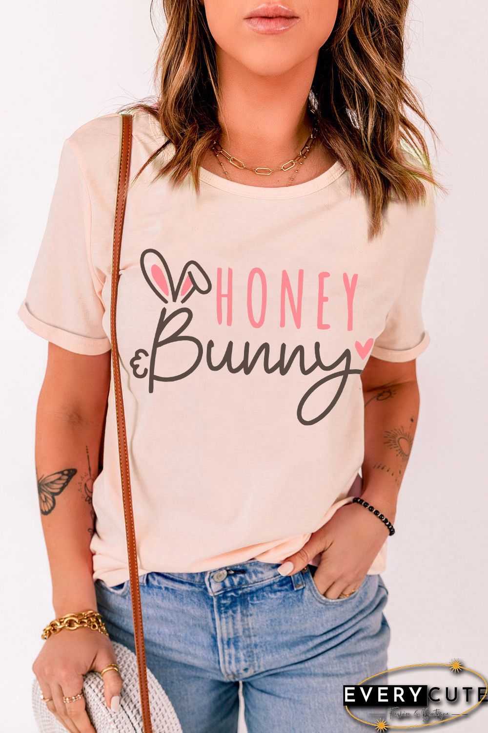 Pink HONEY Bunny Graphic Cuffed Sleeves T-shirt