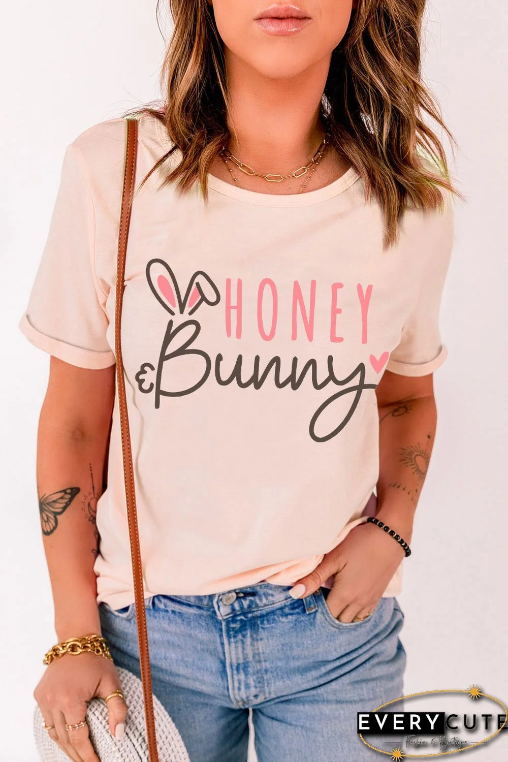 Pink HONEY Bunny Graphic Cuffed Sleeves T-shirt