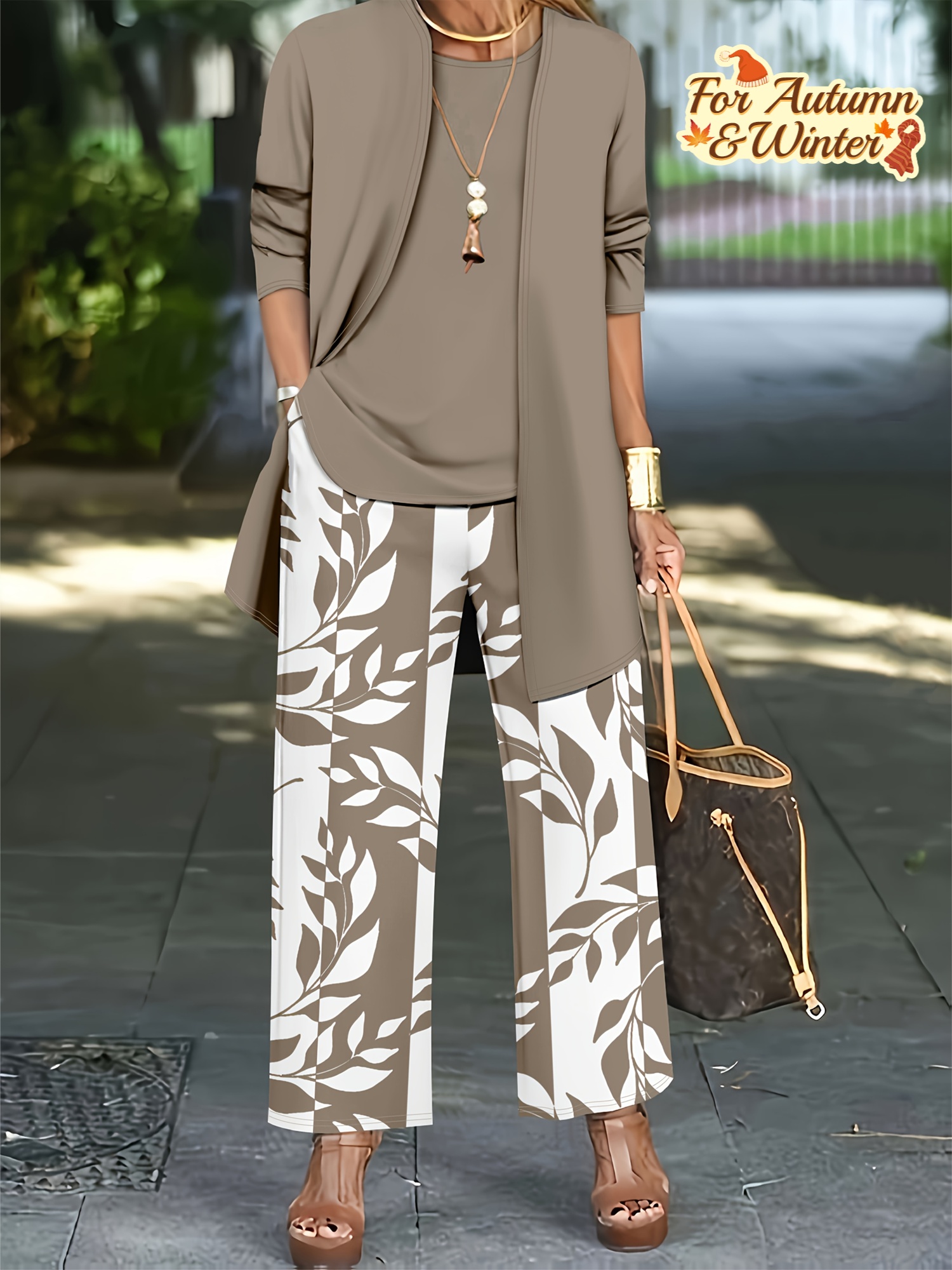 Euro-American Cross-Border Women's 3pcs Set - Fall Winter Versatile Floral Print, Long Sleeve Cardigan + Tank Top + Casual Work Pants, All-Season V-Neck Pantsuit With Belt, Allseason Attire|Floral Print Pantsuit|Vneck Design, Ladies Pants