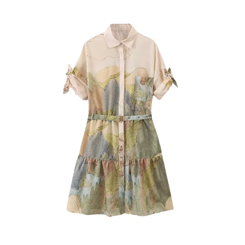 Uveng Summer Women's Wear New Lapel Color Printing With Belt Short Dress 2183057