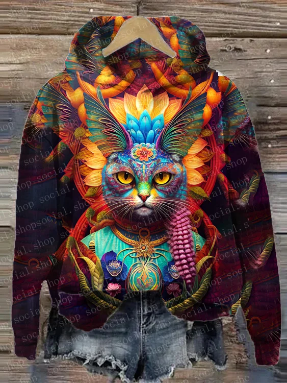 Women's Warrior Cat Print Loose Hooded Sweatshirt socialshop