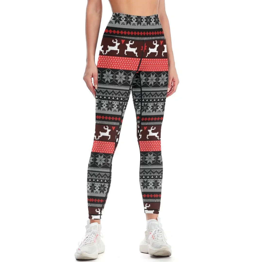 Red Fair Isle Pattern Yoga Pants Women Stretch Yoga Leggings Flat Seamless Trendy Active Sports Leggings