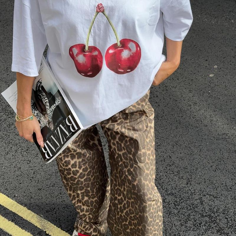 OLCooL American Vintage Vintage Cherry Printed Heavy Short-sleeved T-shirt Women's European And American Oversize Hot Girl Half-sleeved Fashion Brand olcool