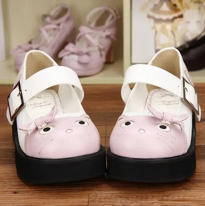 VCshoes Mori Girl Lolita Shoes Woman Cosplay Shoes Lady Low Heels Wedges Pumps Women Shoe Lovely Cat Face Buckle