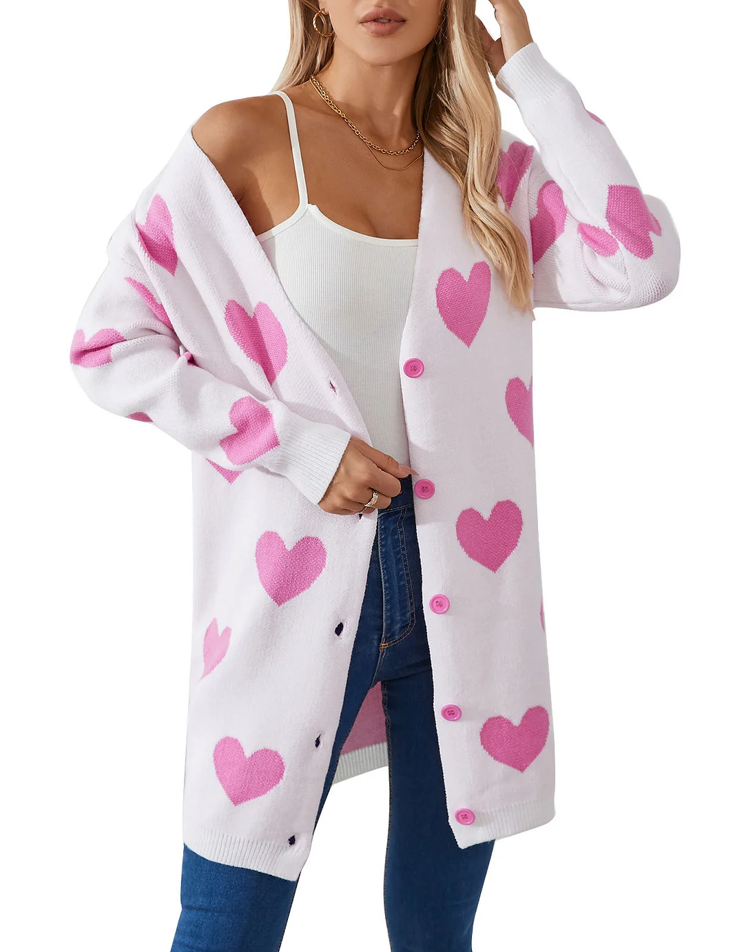 Athvotar Athvotar New Valentine's Day Love Knitted Cardigan V-Neck Button Long Coat Sweater Woman