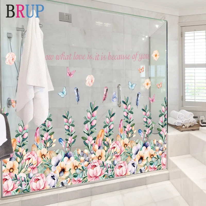 92*53cm Romantic Flowers Wall Sticker Colorful Plant Baseboard Decoration Beautiful Butterfly Home Docor for Bathroom Bedroom