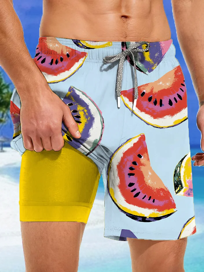 Men's Watermelon Pattern Vacation Art Print Double-Deck Inner Pocket Casual Shorts