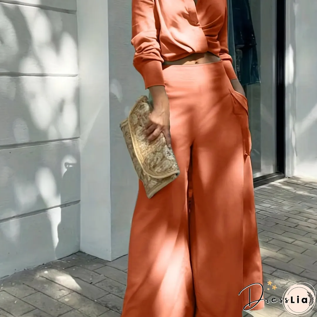 Casual Matching Two-piece Set, Long Sleeve Blouse & Wide Leg Pants Outfits, Women's Clothing