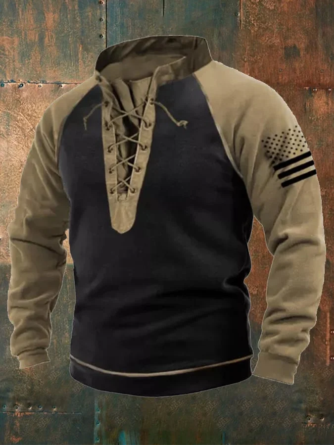 Men's Lace-Up Raglan Sleeve Contrast Casual Sweatshirt