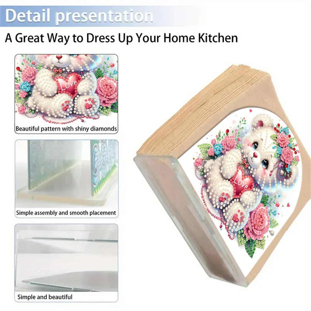 5D DIY Rose Bear Acrylic DIY Diamond Art Painting Napkin Holder Set 