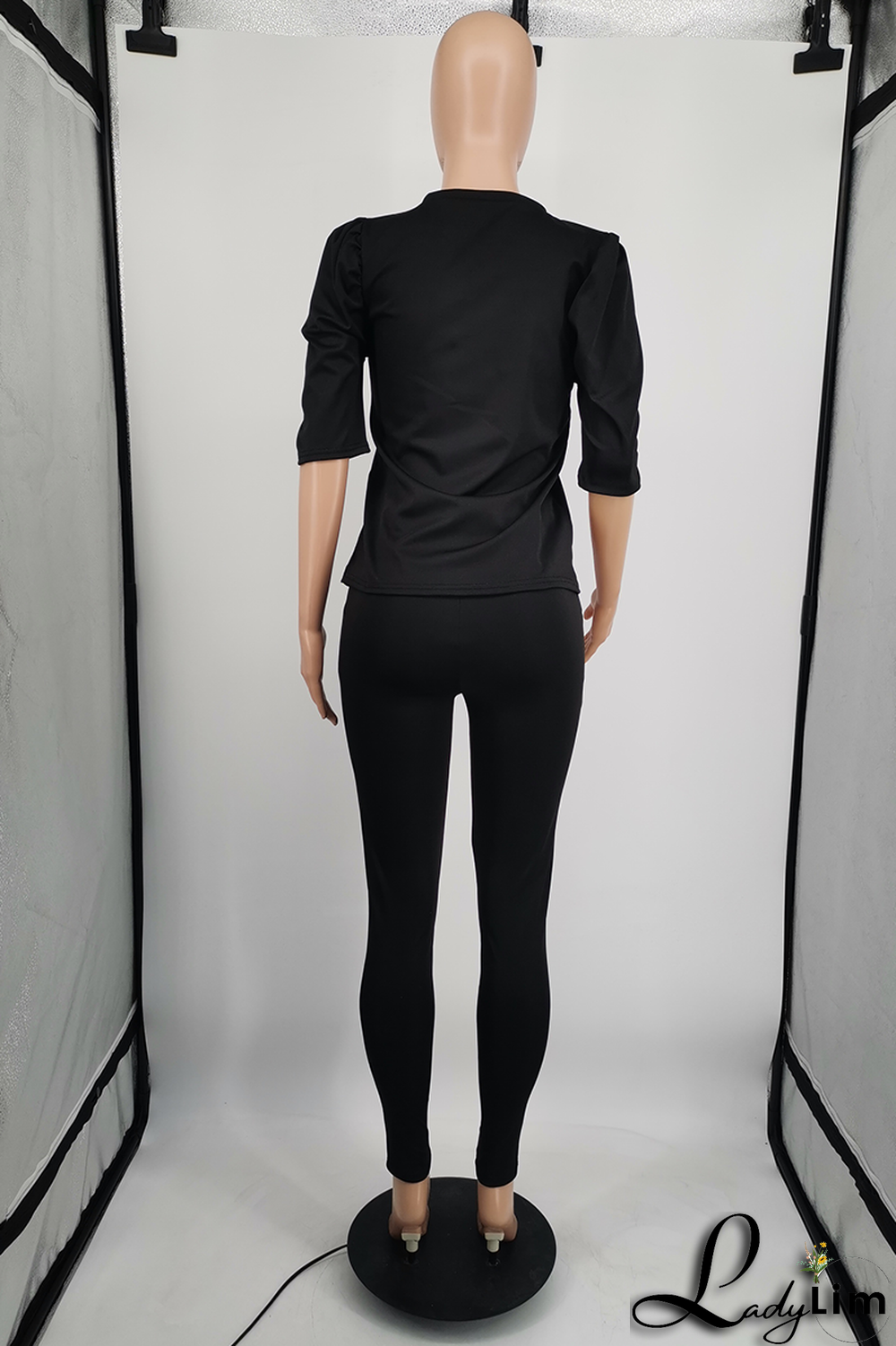 Black Casual Solid Split Joint O Neck Half Sleeve Two Pieces