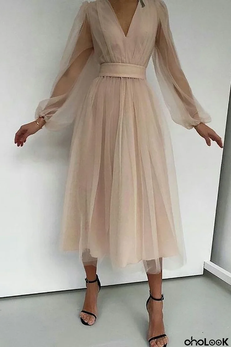 V Neck Tulle Long Sleeve Midi Dress