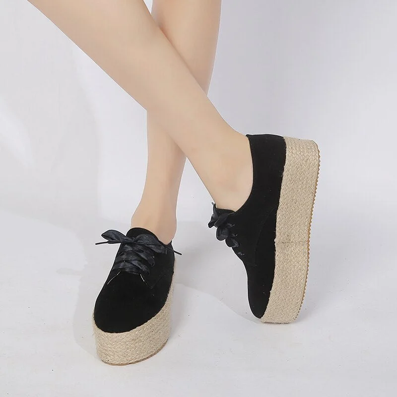 2022 Spring/Autumn Shoes Woman Canvas Bottom Flats Fashion Ladies Espadrille Shoes Girls Lace Up Round Toe Casual Wedge Sneakers