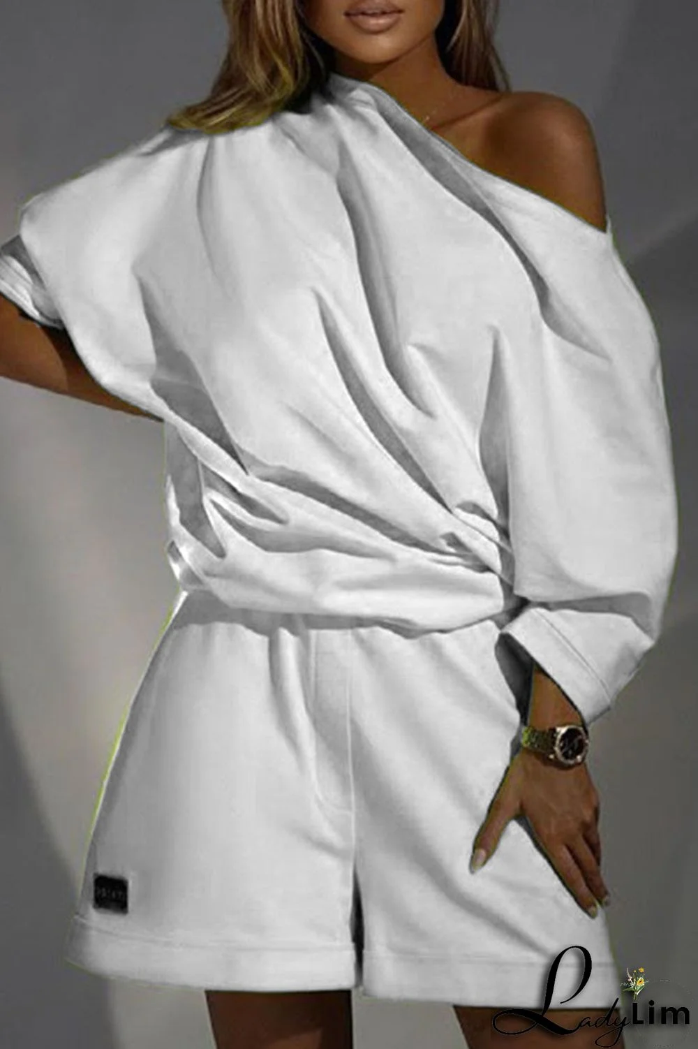 Tangerine Red Casual Solid Split Joint Asymmetrical Oblique Collar Long Sleeve Two Pieces