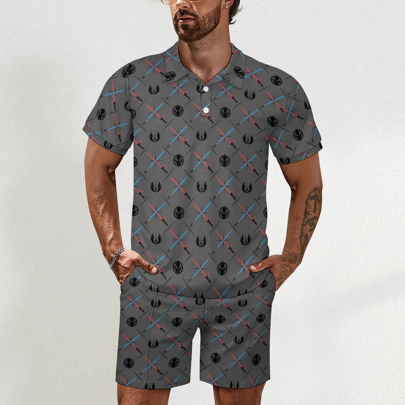 Jedi Vs Sith Lightsaber Logo Pattern Summer Beach Tropical Hawaii Suits Guys Short Sleeve Beach Shirt Shorts Set Tracksuit