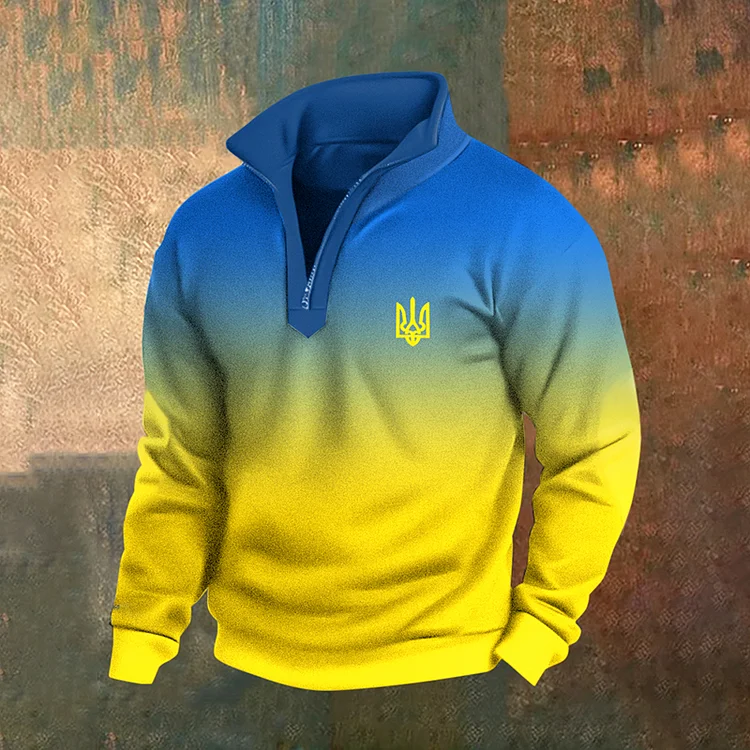 Simpfit Sweatshirt mit Reißverschluss und Ukraine-Dreizack-Farbverlaufsdruck für Herren