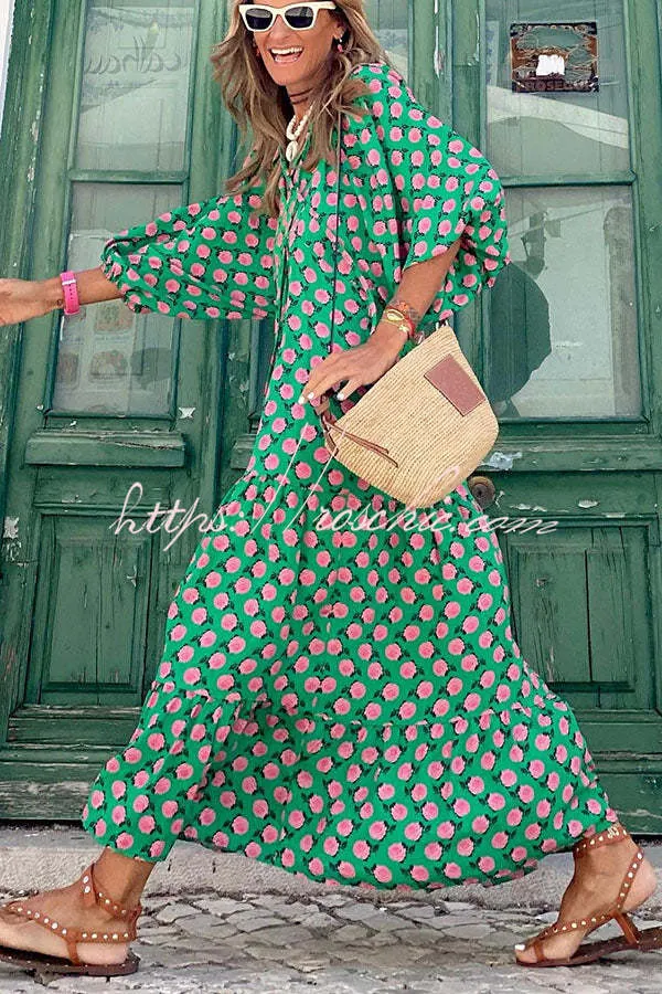 Exquisite And Fun Printed Puff Sleeves Loose Casual Midi Dress