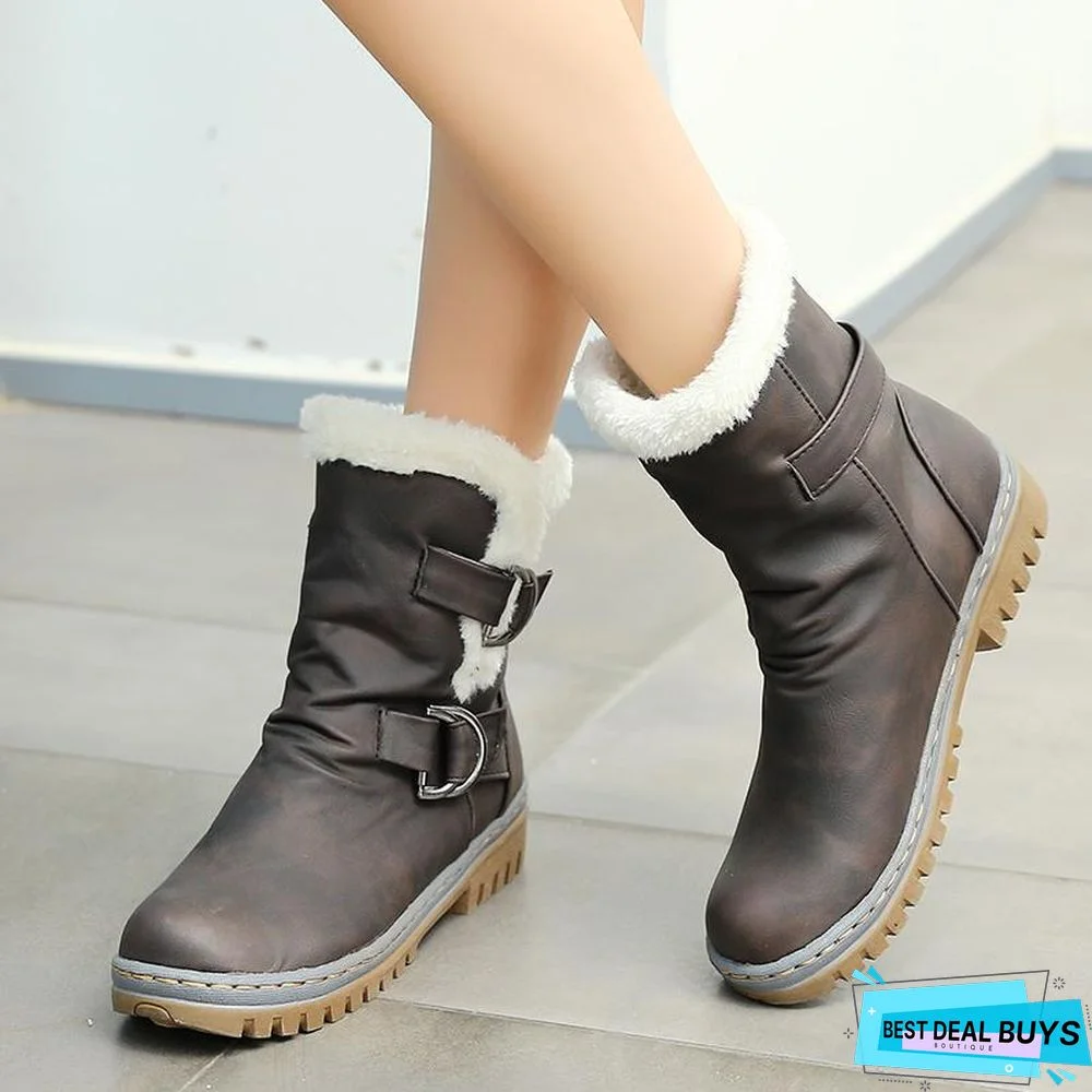 Women Leather Warm mid-calf Plush Fur Velvet Boots Booties Snow Shoes