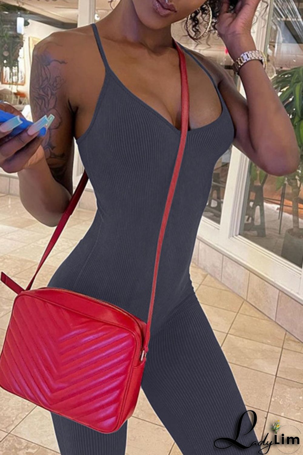 Grey Sexy Casual Sportswear Solid Backless Spaghetti Strap Skinny Jumpsuits