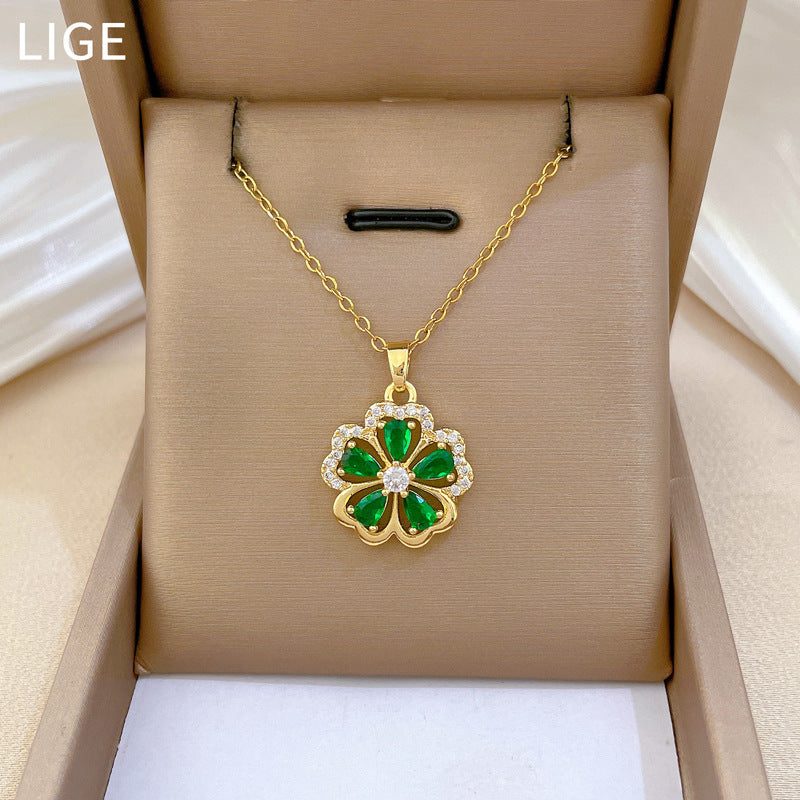 Five-Leaf Flower Green Full Diamond Gorgeous Full Diamond Necklace Female Versatile Clavicle Chain Titanium Steel