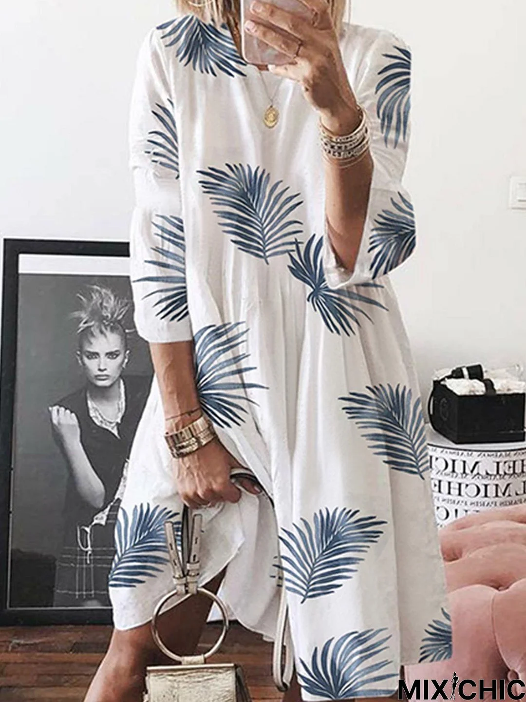 Half Sleeve Cotton-Blend A-Line Round Neck Summer Dress White Dresses