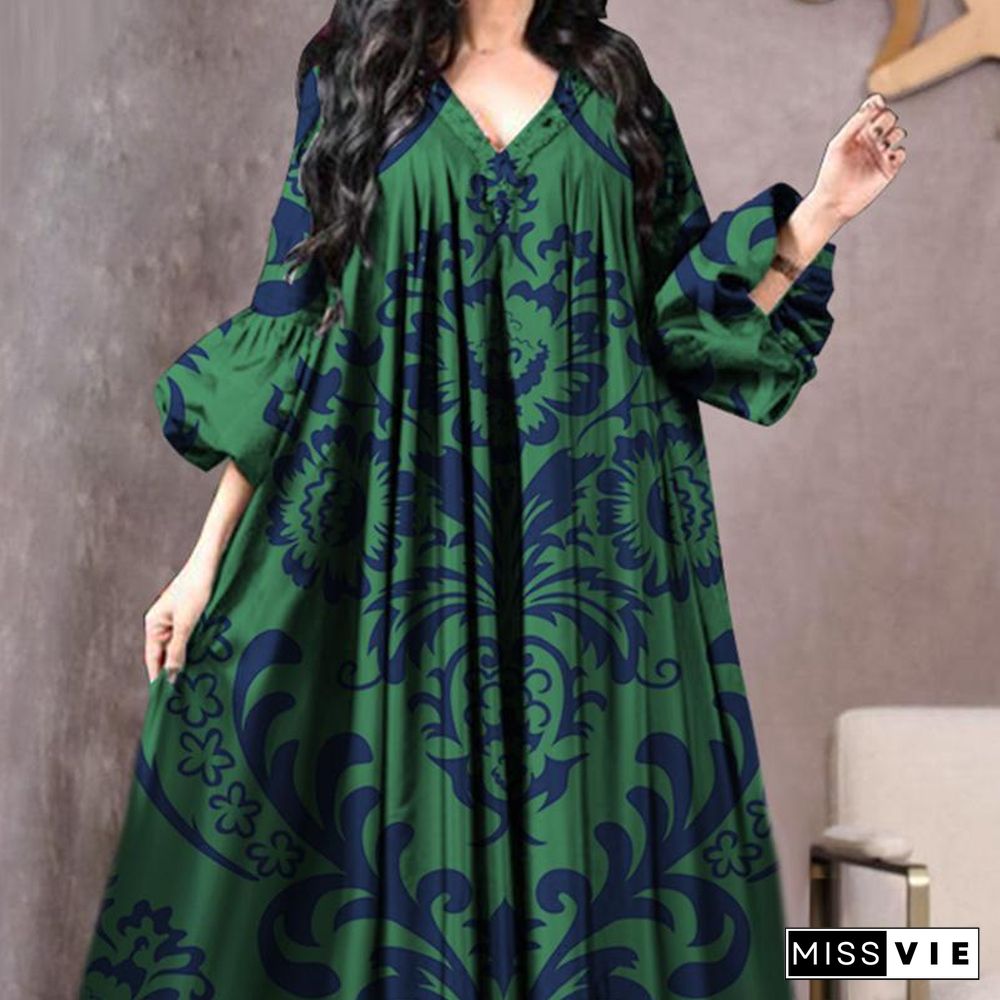 Blue Pattern V Neck Baggy Dress