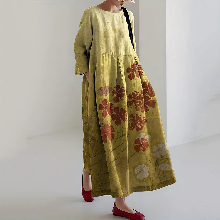 VChics Japanese Art Flower Print Long Sleeve Casual Midi Dress