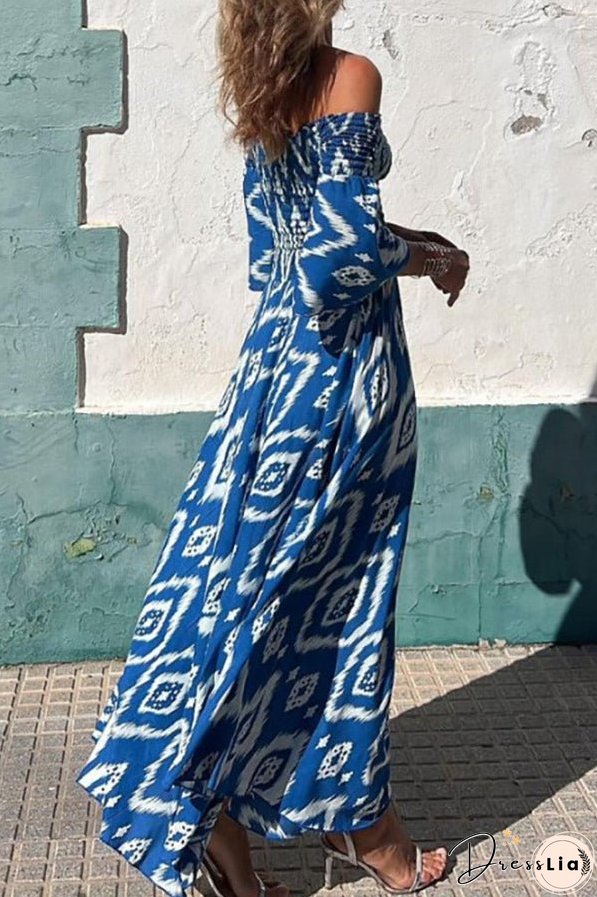 Close To The Vacation Ethnic Print Smocked Off Shoulder Pocketed Maxi Dress