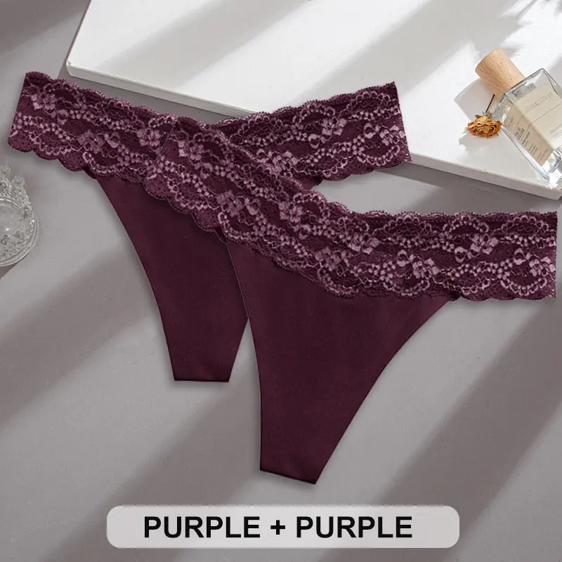 2PCS/Set Lace Panties Sexy Underwear Thong Women Panties G-String Panties Briefs Lingerie Floral V Waist Design Female Underpant