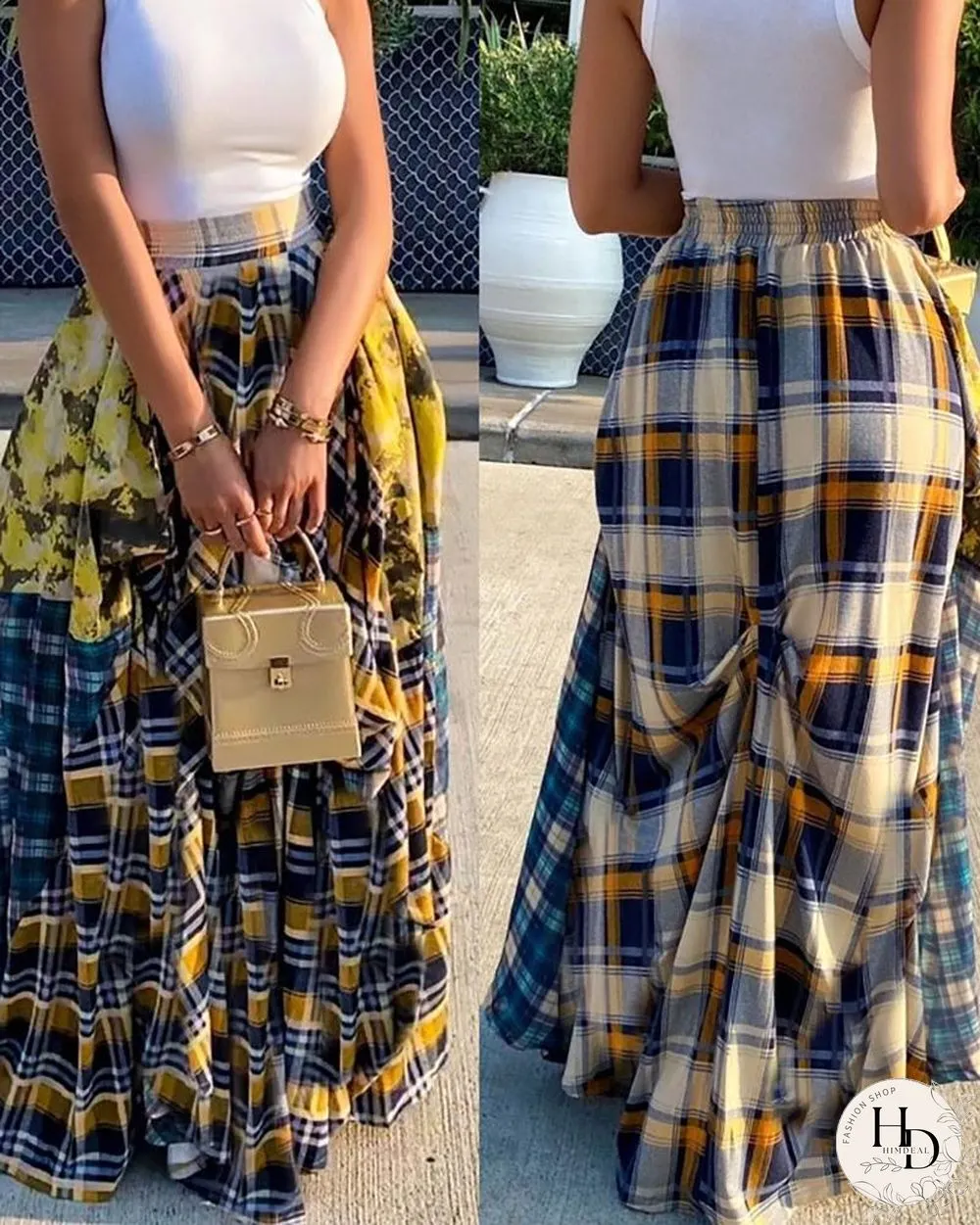 Plaid Colorblock Pleated Maxi Skirt